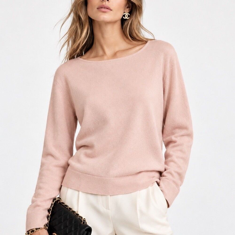 Lands End Womens Soft Tea Rose Cashmere Relaxed Pullover EUC Sweater M